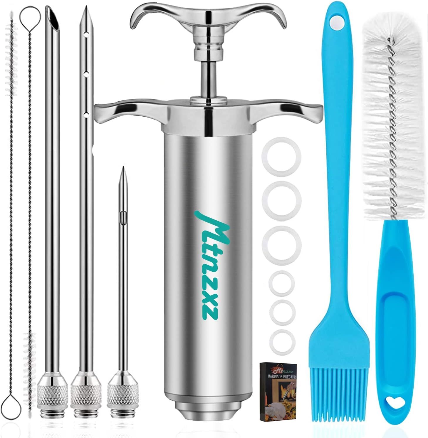 Displays the core product (meat injector) along with all included accessories and tools to show the shopper exactly what they will receive in the complete kit. Showcases the comprehensive set of…