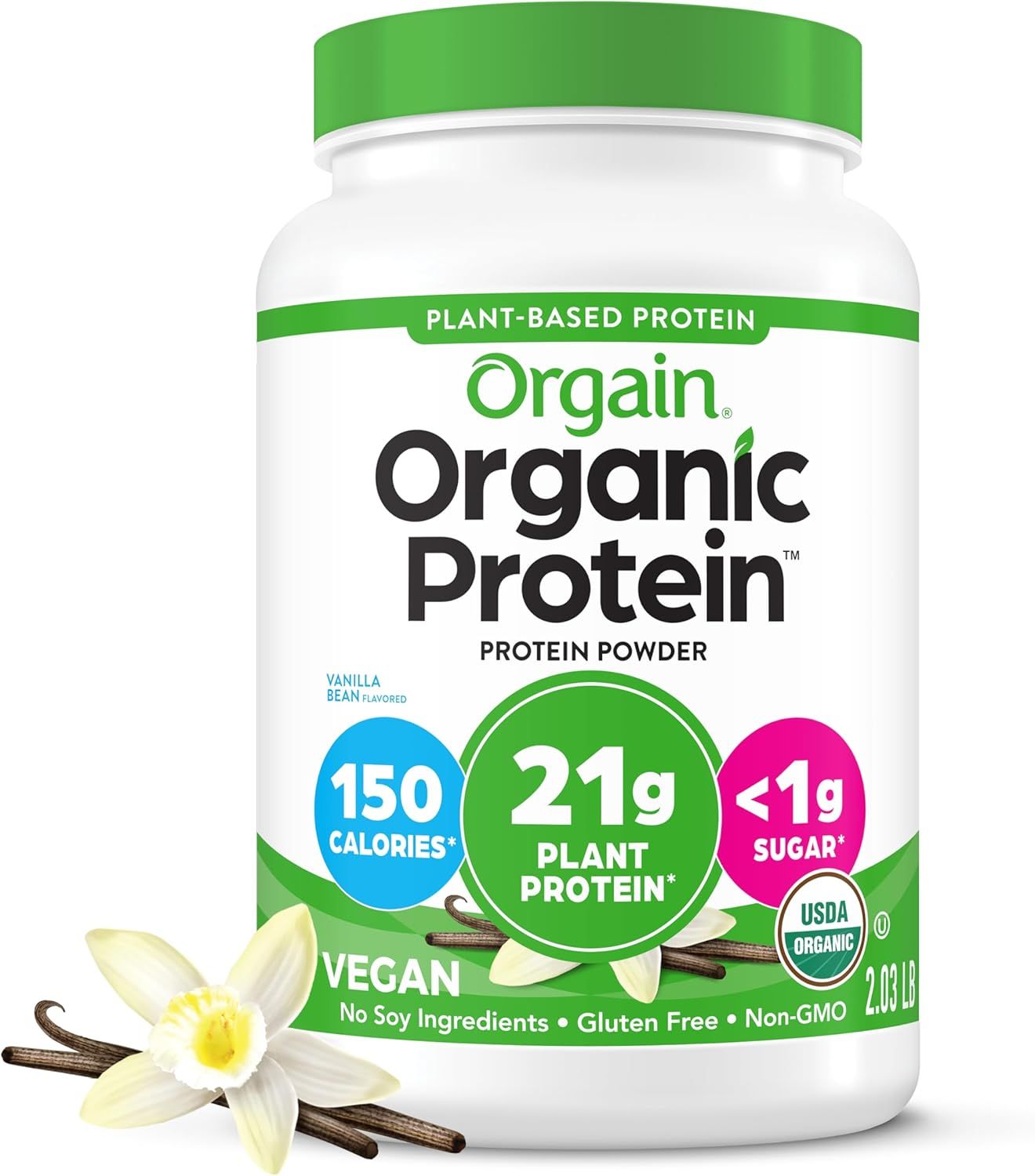 Displays the core product, an Orgain Organic Protein powder container, clearly showing the brand, product type, and key nutritional benefits to help shoppers identify and evaluate the item. Includes…
