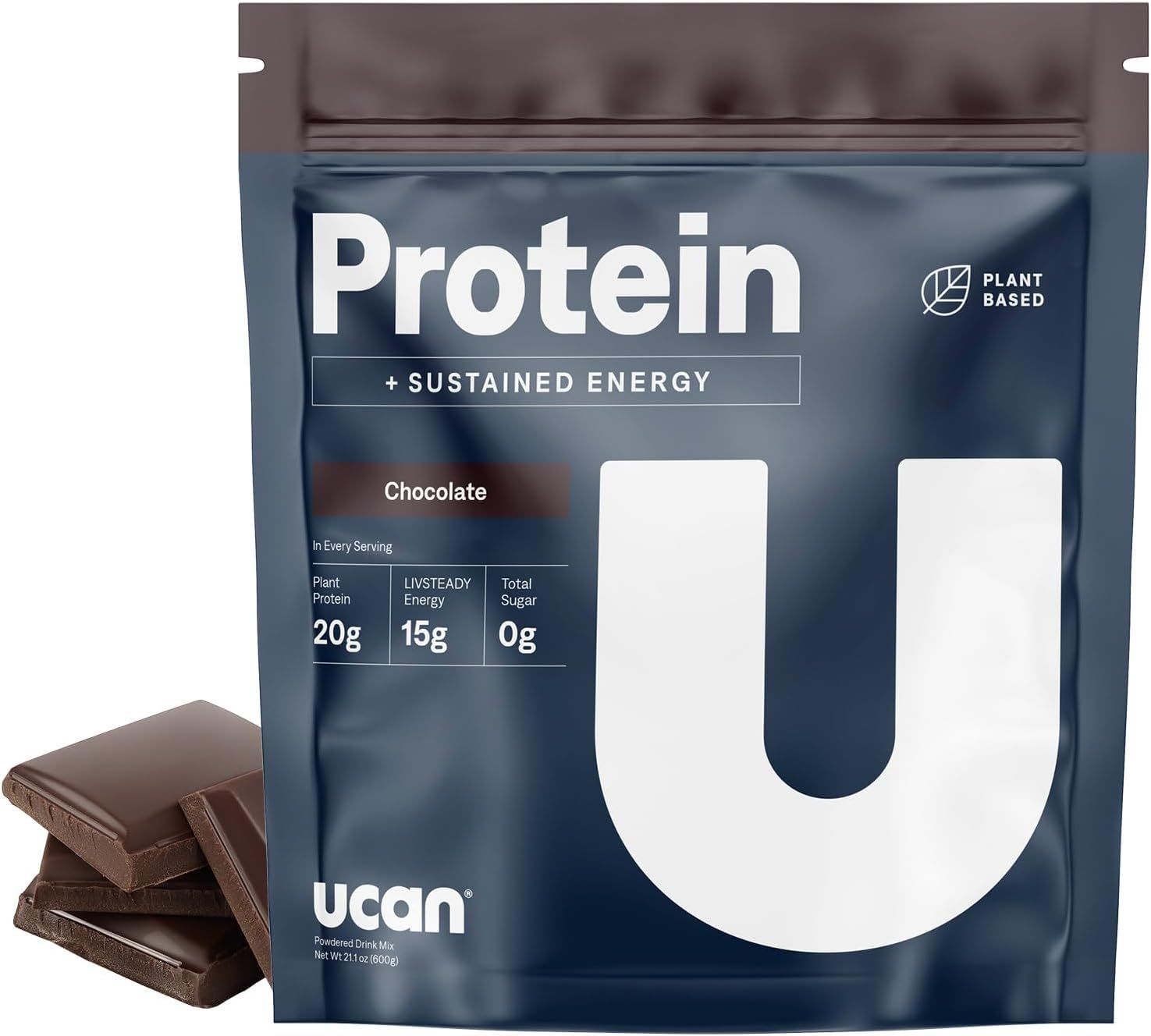 Displays the core product packaging with key nutritional benefits (20g plant protein, 15g sustained energy, 0g sugar) to communicate the product's health and performance value proposition to…