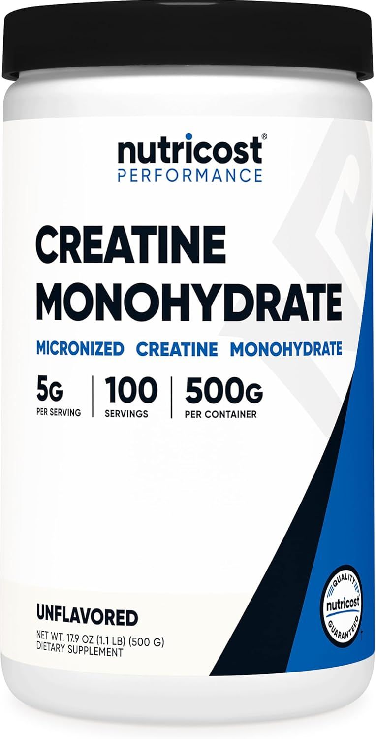 Displays the core product—a white container of Nutricost Performance Creatine Monohydrate—clearly showing the brand, product type, key specifications (5g per serving, 100 servings, 500g total), and…