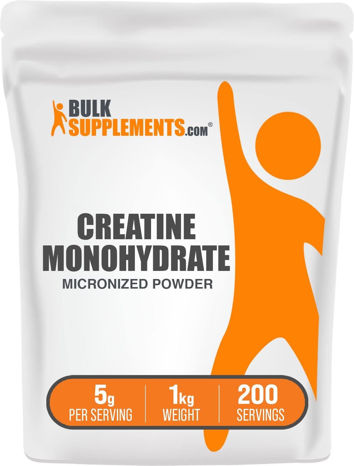 Displays the core product, a 1kg pouch of Creatine Monohydrate powder, clearly showing the brand, product name, and key specifications to help shoppers identify and understand what they are…