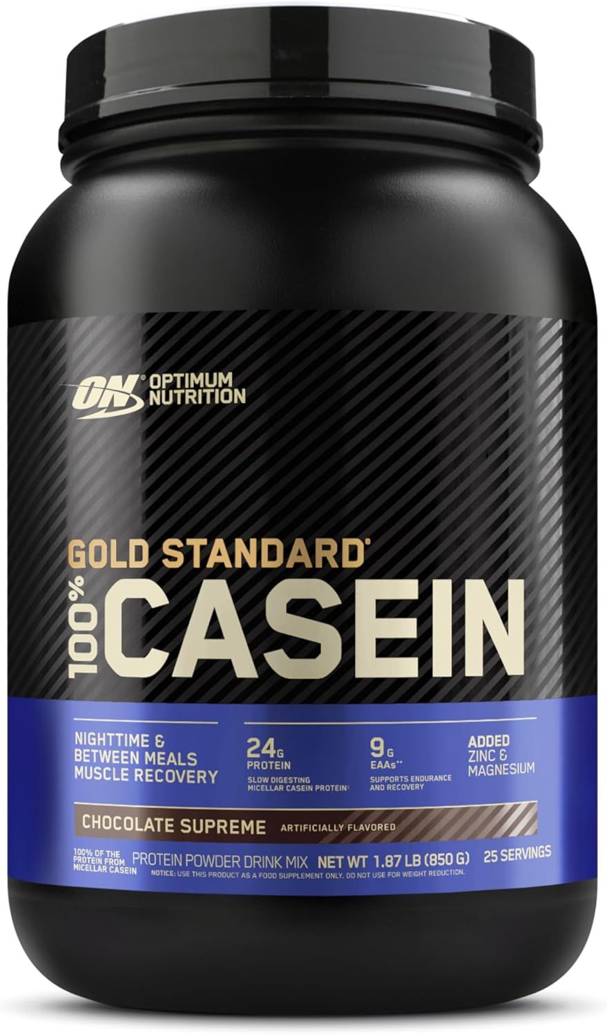 Displays the core sellable product, a casein protein powder container, clearly showing the brand, product name, flavor, and key nutritional information to help shoppers identify and evaluate the…