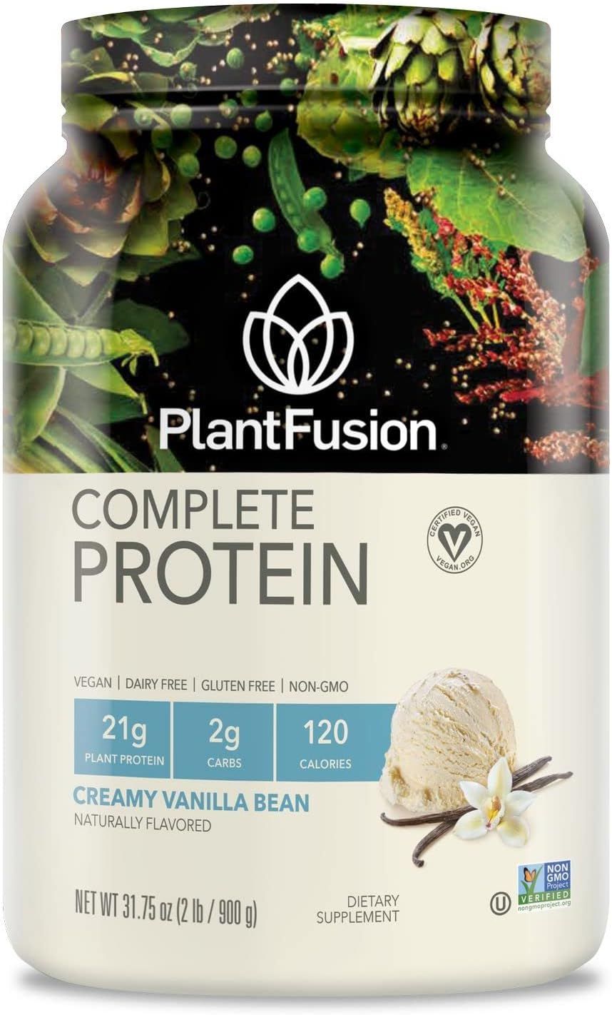 Displays the core product—a plant-based protein powder—with clear branding, flavor, and nutritional highlights to communicate its vegan, complete protein benefits to health-conscious shoppers. Shows…