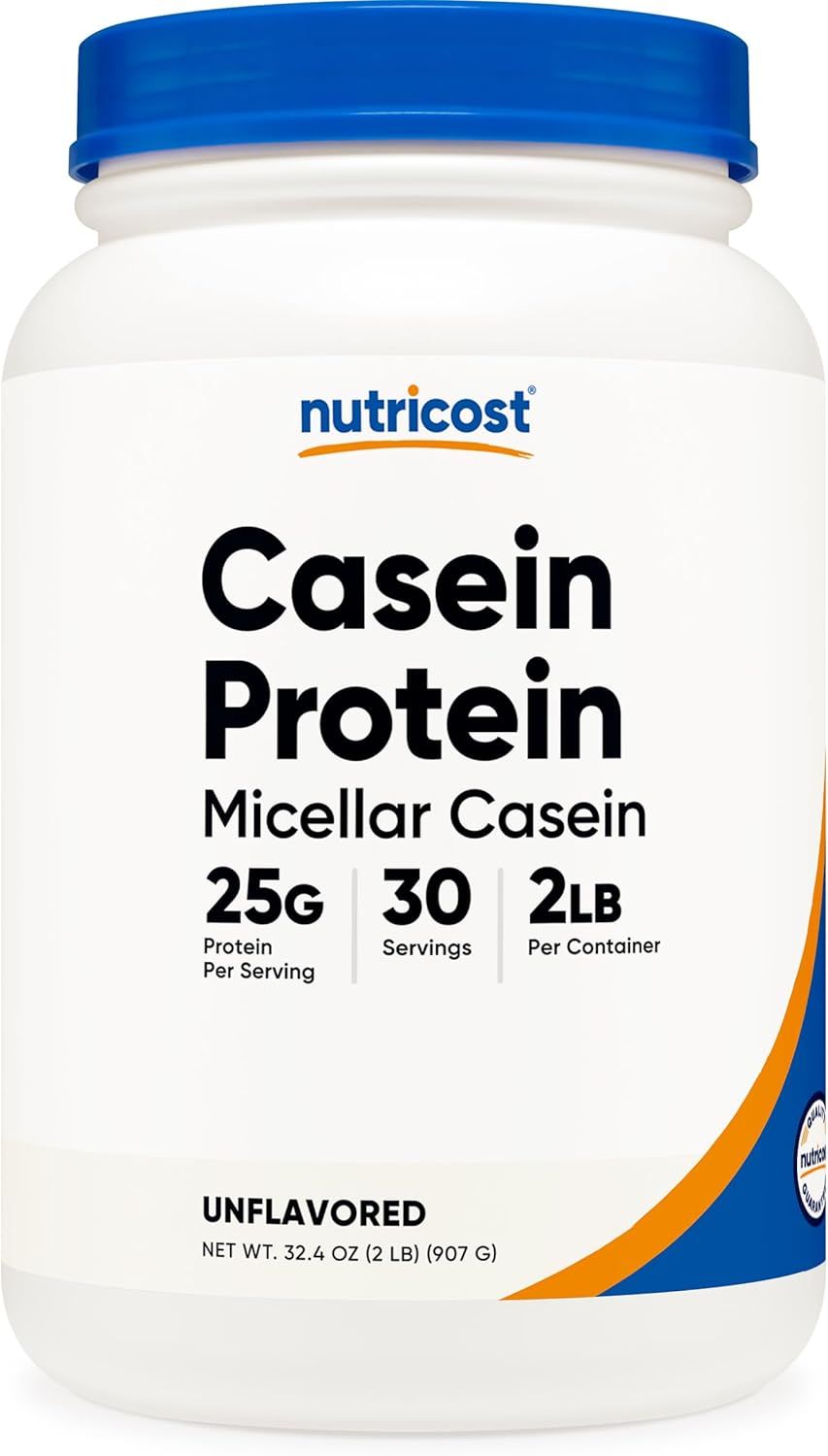 Displays the core product—a 2-pound container of Nutricost Casein Protein—clearly showing the brand, product type, key nutritional facts (25g protein per serving, 30 servings), and unflavored…