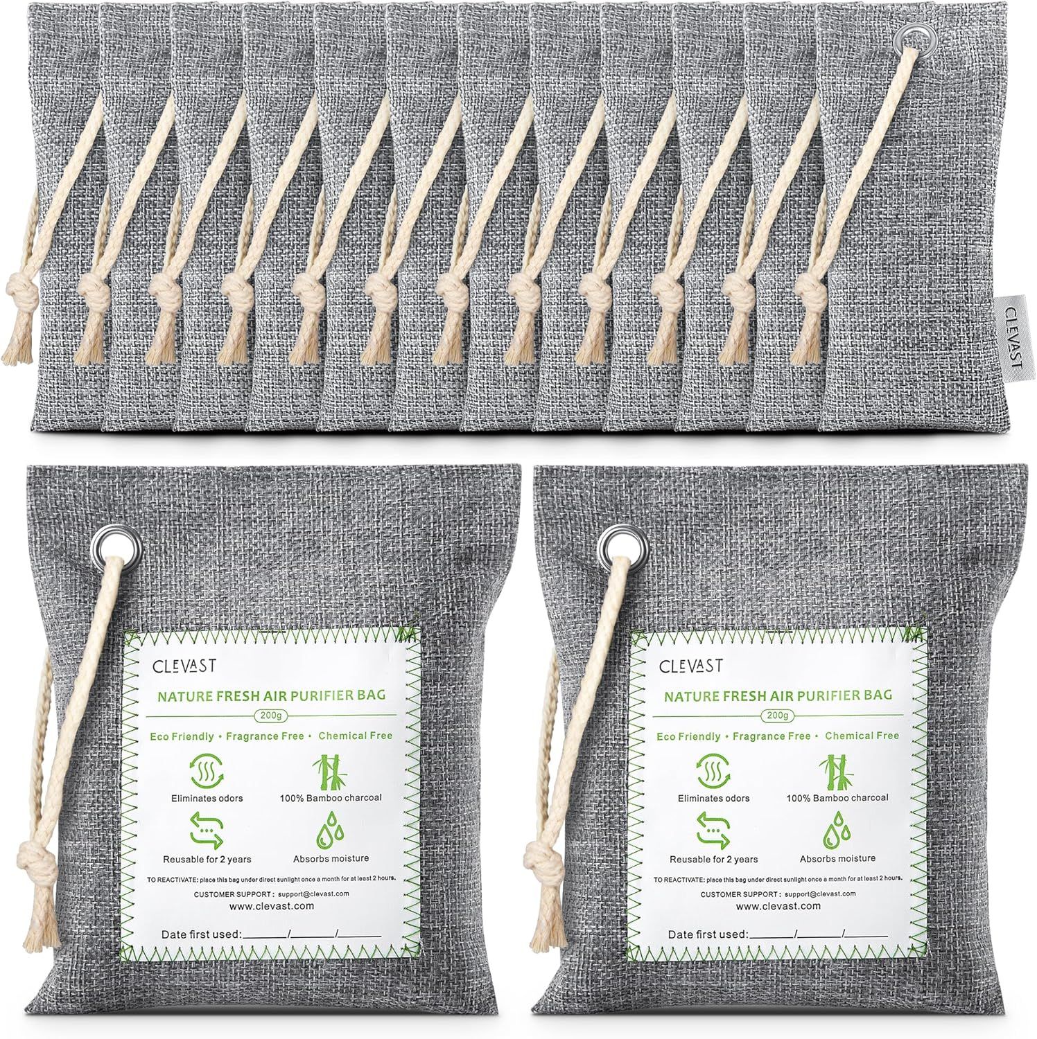 Shows the core product—natural air purifier bags made from bamboo charcoal—in a clean, catalog-style presentation to communicate what the shopper will receive. Displays the retail packaging with…