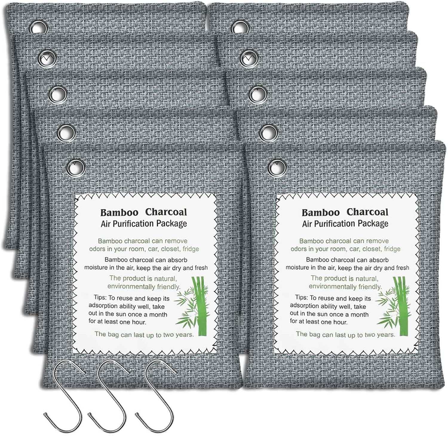 Shows the core product—bamboo charcoal air purification bags with hanging grommets—clearly displayed to communicate what the shopper will receive, including the multi-pack quantity and included…