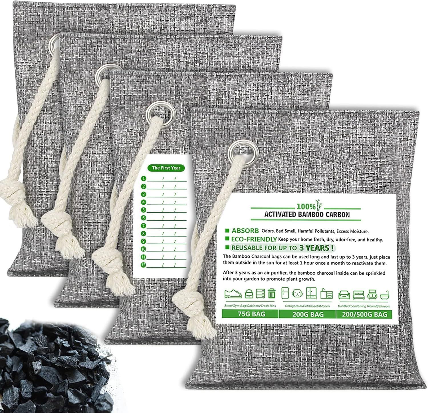 Displays the core product—bamboo charcoal air purifier bags in multiple sizes—to show shoppers what they will receive and the size variations available in the set. Includes an informational card…