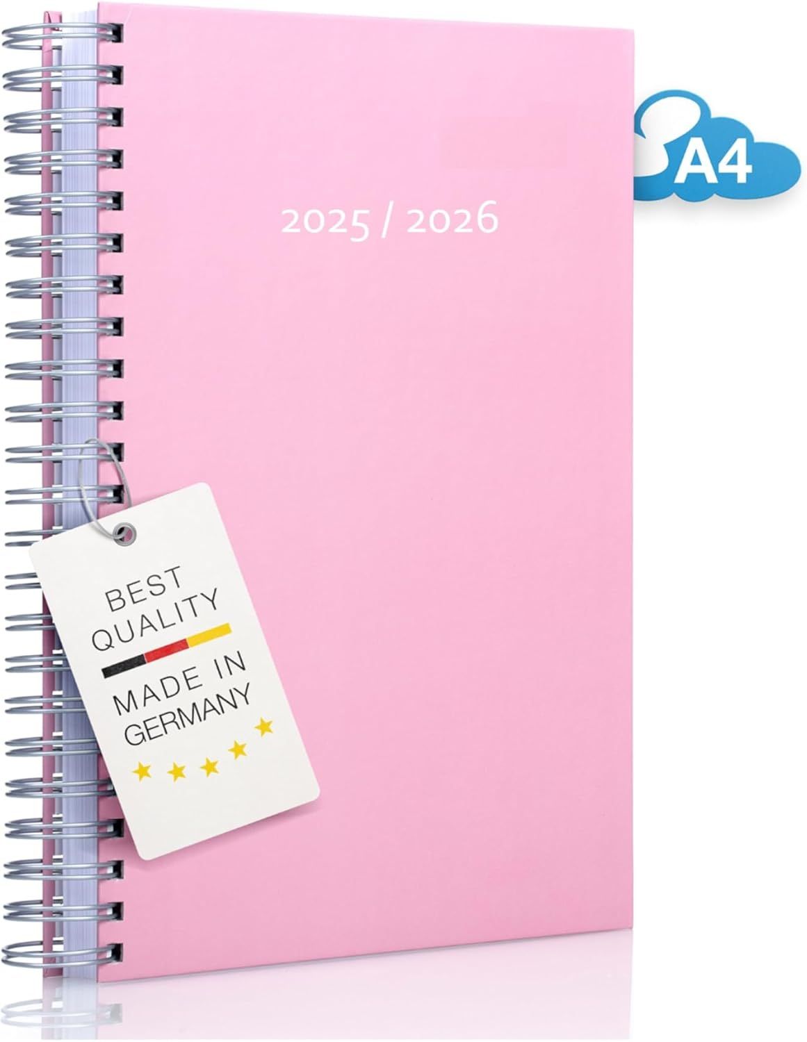 Shows the core product, a pink spiral-bound planner for 2025/2026, clearly displaying its design, size, and binding style to help shoppers understand what they are purchasing. Communicates quality…