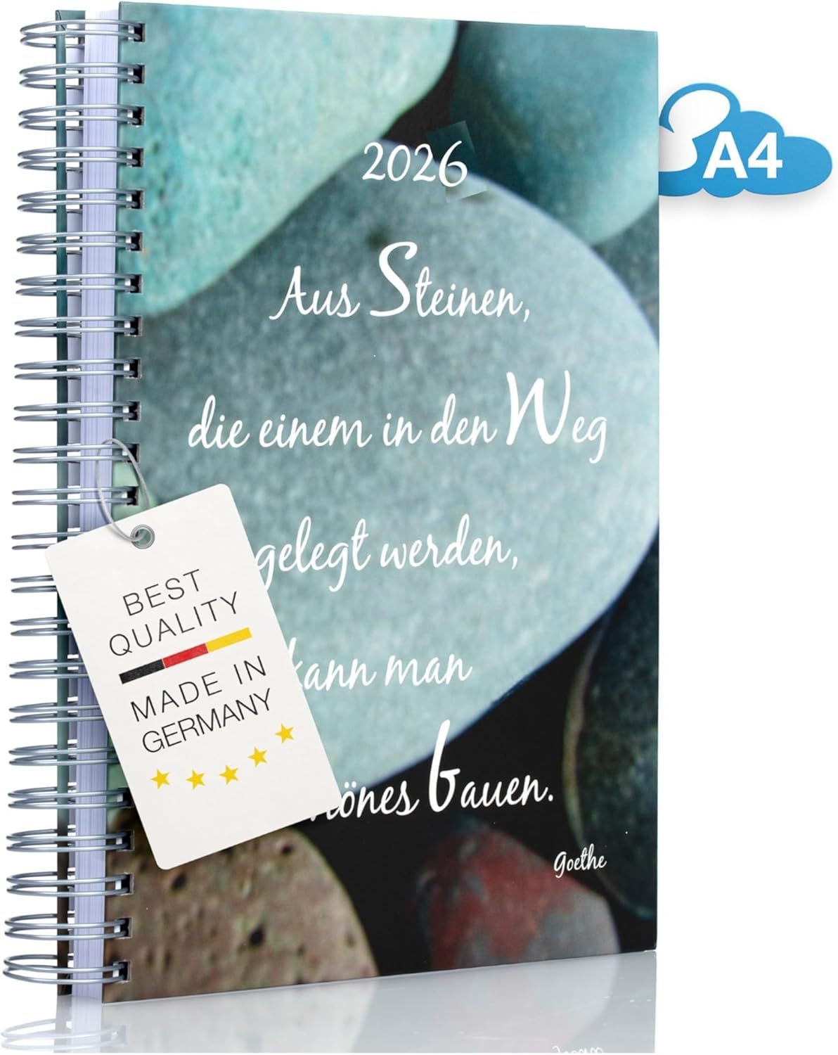 Shows the core product, a 2026 spiral-bound notebook or planner with decorative stone imagery and German text, clearly displaying its design and format. Highlights the product's German manufacturing…