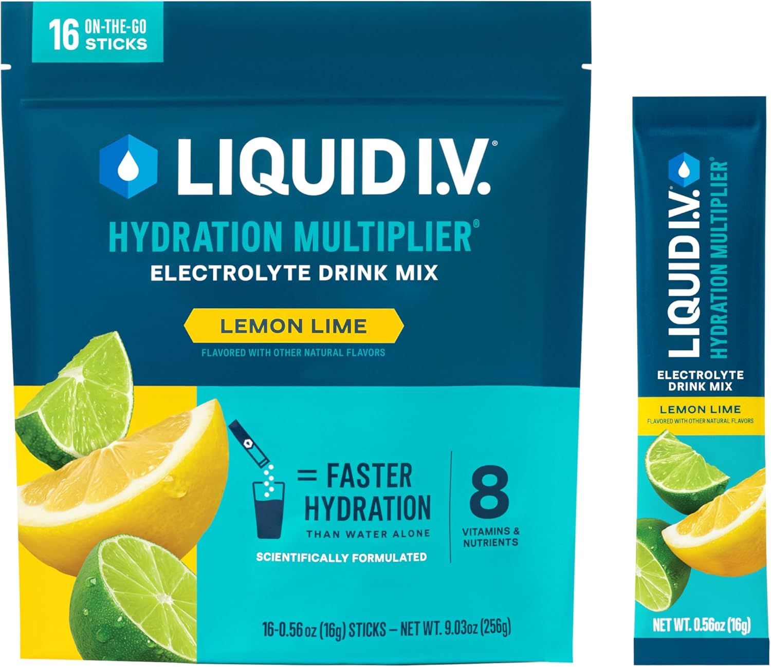 Shows the retail packaging (box and individual stick) to communicate what the shopper will receive and help them recognize the product on the shelf or in delivery. Uses fresh lemon and lime imagery…