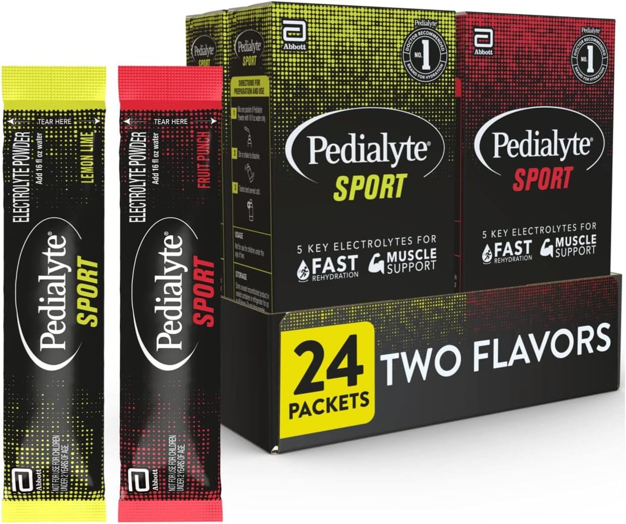 Displays the core product - Pedialyte Sport electrolyte powder packets in two flavors (Lemon Lime and Fruit Punch) - showing both individual packets and retail packaging to communicate what the…