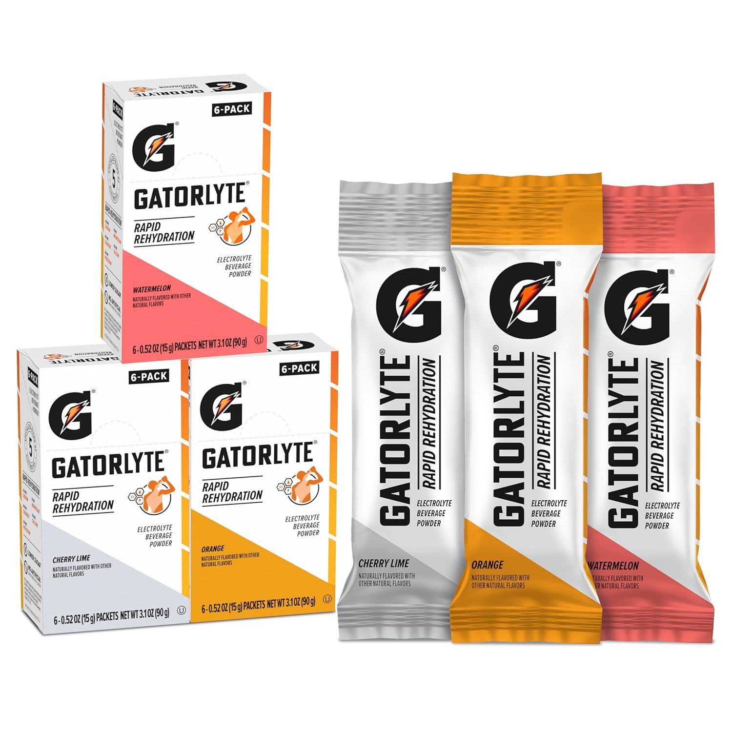 Displays the core sellable product - Gatorlyte electrolyte powder packets - showing both the retail boxes and individual packets to communicate what the shopper will receive. Shows the three…