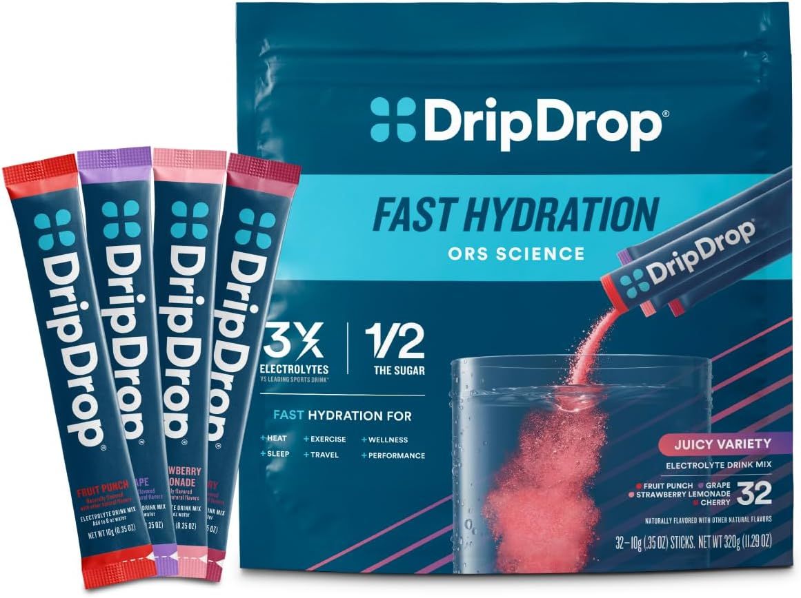Shows the core product—DripDrop electrolyte drink mix sticks in a variety pack—clearly displaying both individual sticks and retail packaging to help shoppers understand what they are purchasing.…
