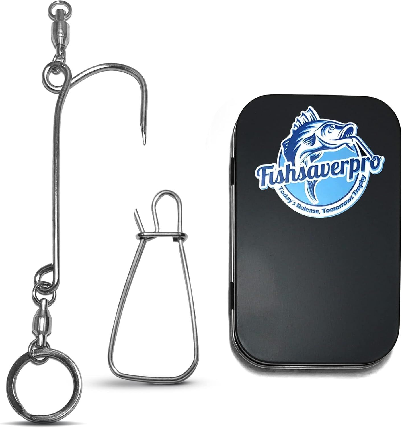 Shows the complete fishing hook tool kit with metal hooks and branded storage tin to communicate what is included in the purchase. Displays the physical branded storage container that ships with the…