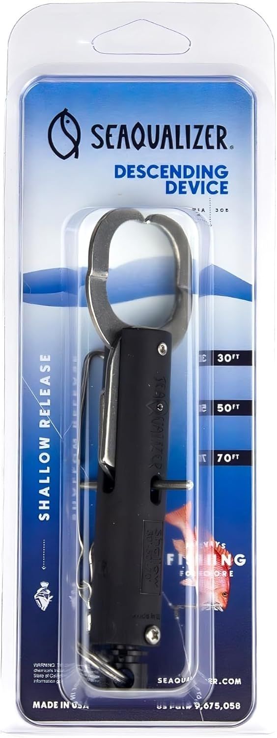 Shows the core product, a SeaQualizer descending device for fishing, clearly visible in its retail packaging to communicate what the buyer will receive. Displays the product in its clear retail…