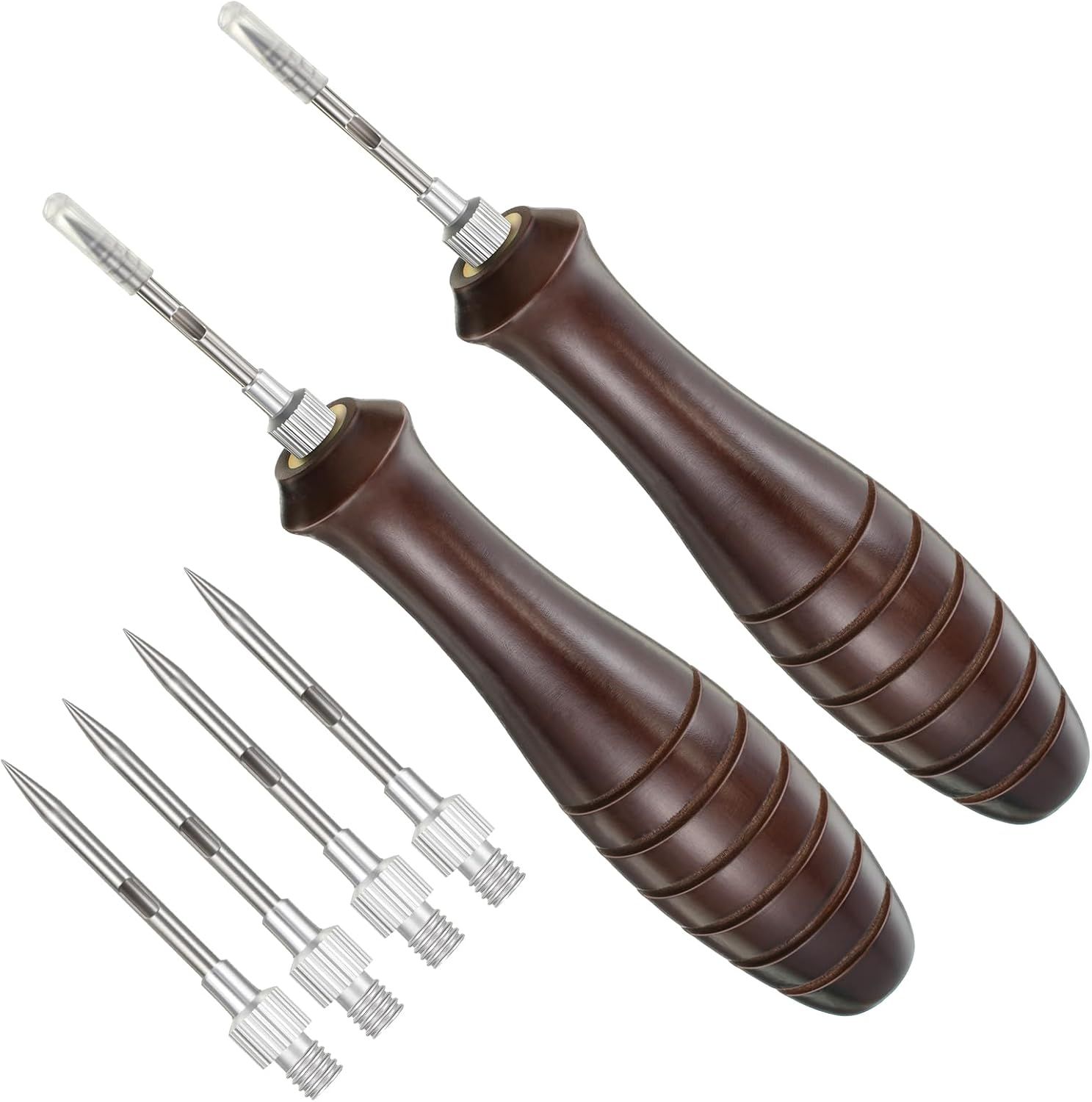 Shows the core product with its ergonomic wooden handles and multiple interchangeable tips to communicate versatility and comfortable use. Displays the additional interchangeable tips included with…