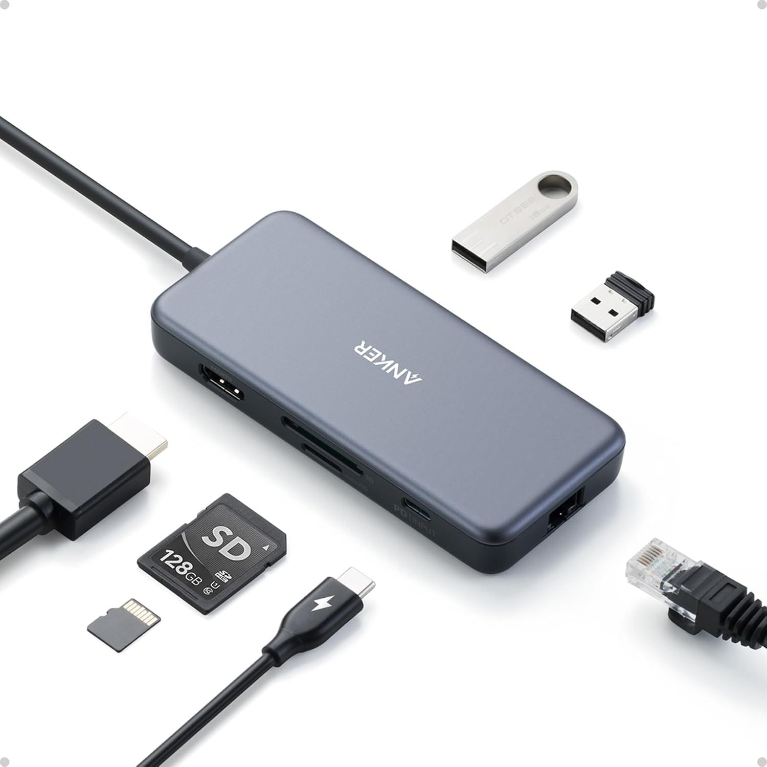Shows the core product, an Anker USB hub, clearly displayed with its various ports and connectivity capabilities visible to help shoppers understand what they are purchasing. Demonstrates the…