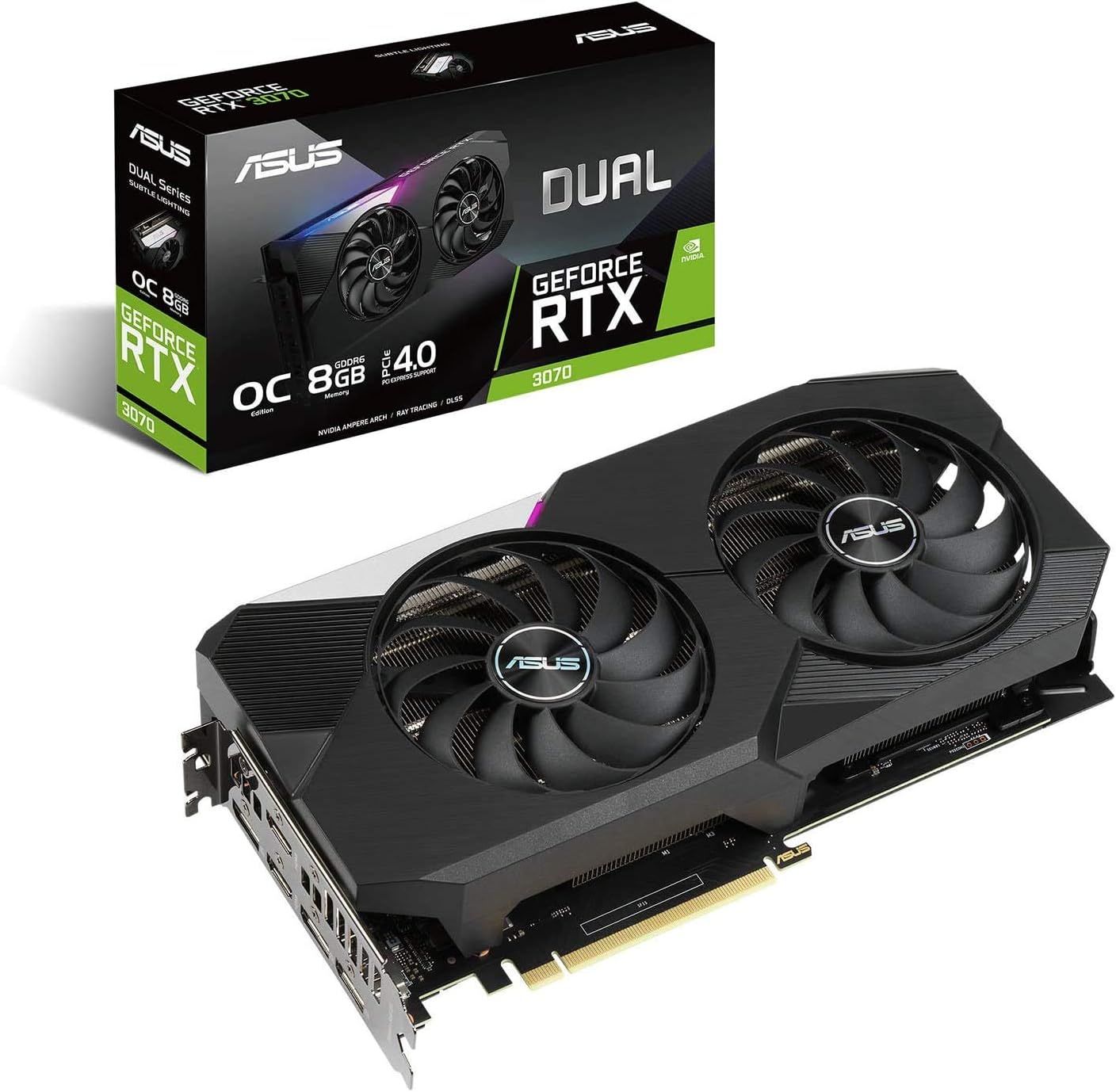 Shows the ASUS GeForce RTX 3070 graphics card clearly with its dual-fan cooling design, allowing shoppers to see the physical product they will receive. Displays the retail packaging alongside the…