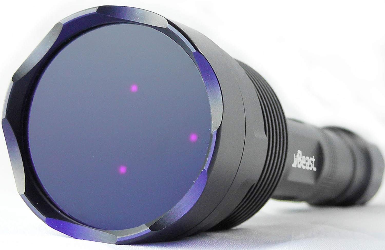 Shows the core product, a UV flashlight with a specialized lens, to communicate its unique functionality and professional-grade design. Demonstrates the flashlight actively emitting UV light through…