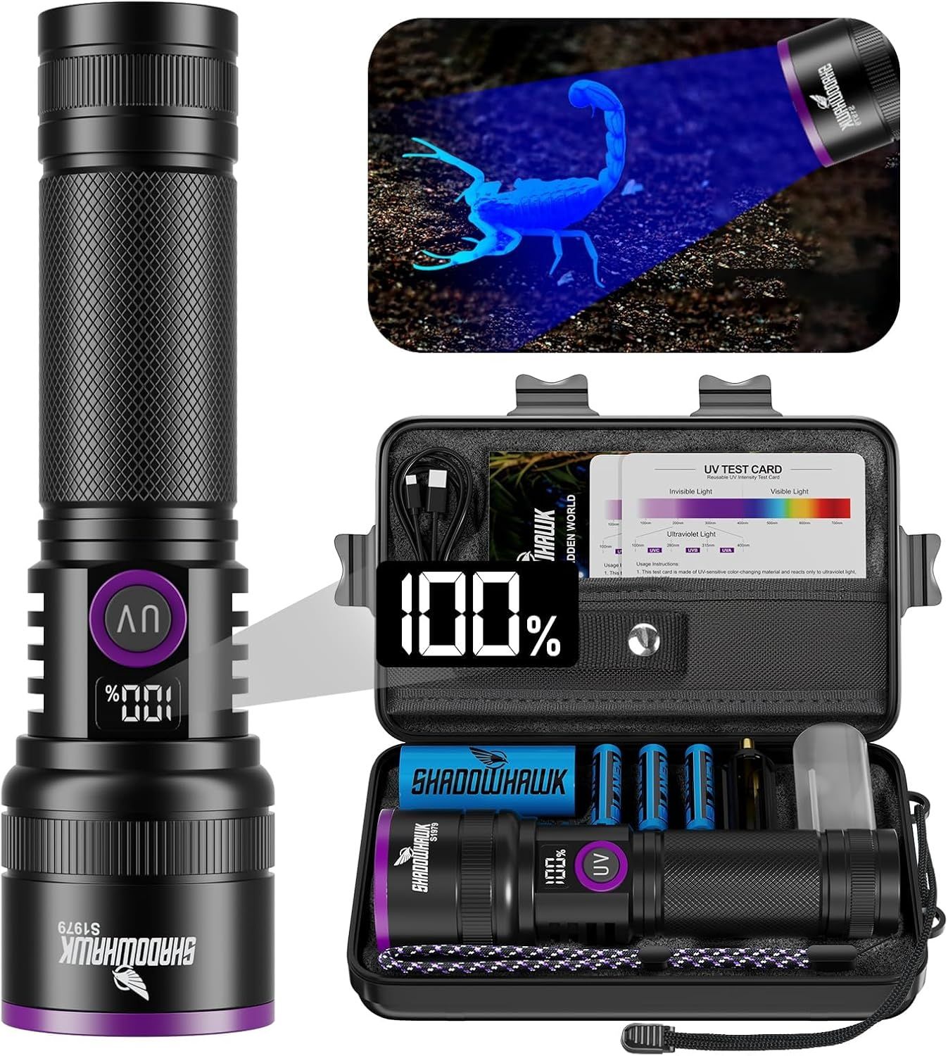 Displays the core UV flashlight product along with its complete kit including carrying case, batteries, charging cable, UV test card, and additional smaller flashlight to show the buyer everything…