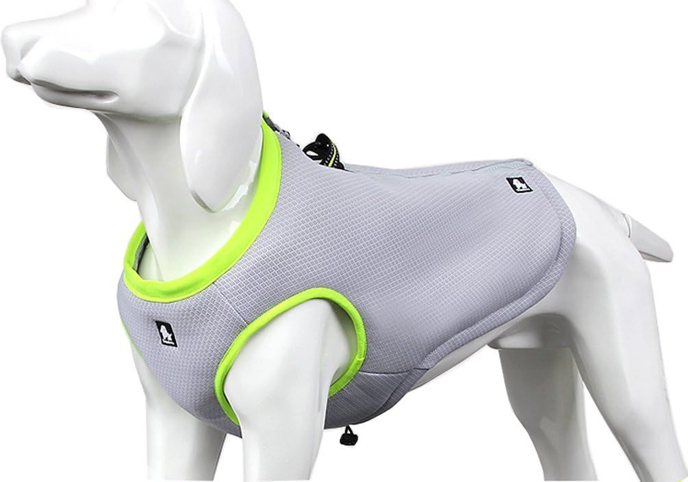 Shows the core product, a gray dog vest with neon yellow trim, displayed on a mannequin to demonstrate fit and design. Uses a dog mannequin to show how the vest fits on a pet, helping shoppers…