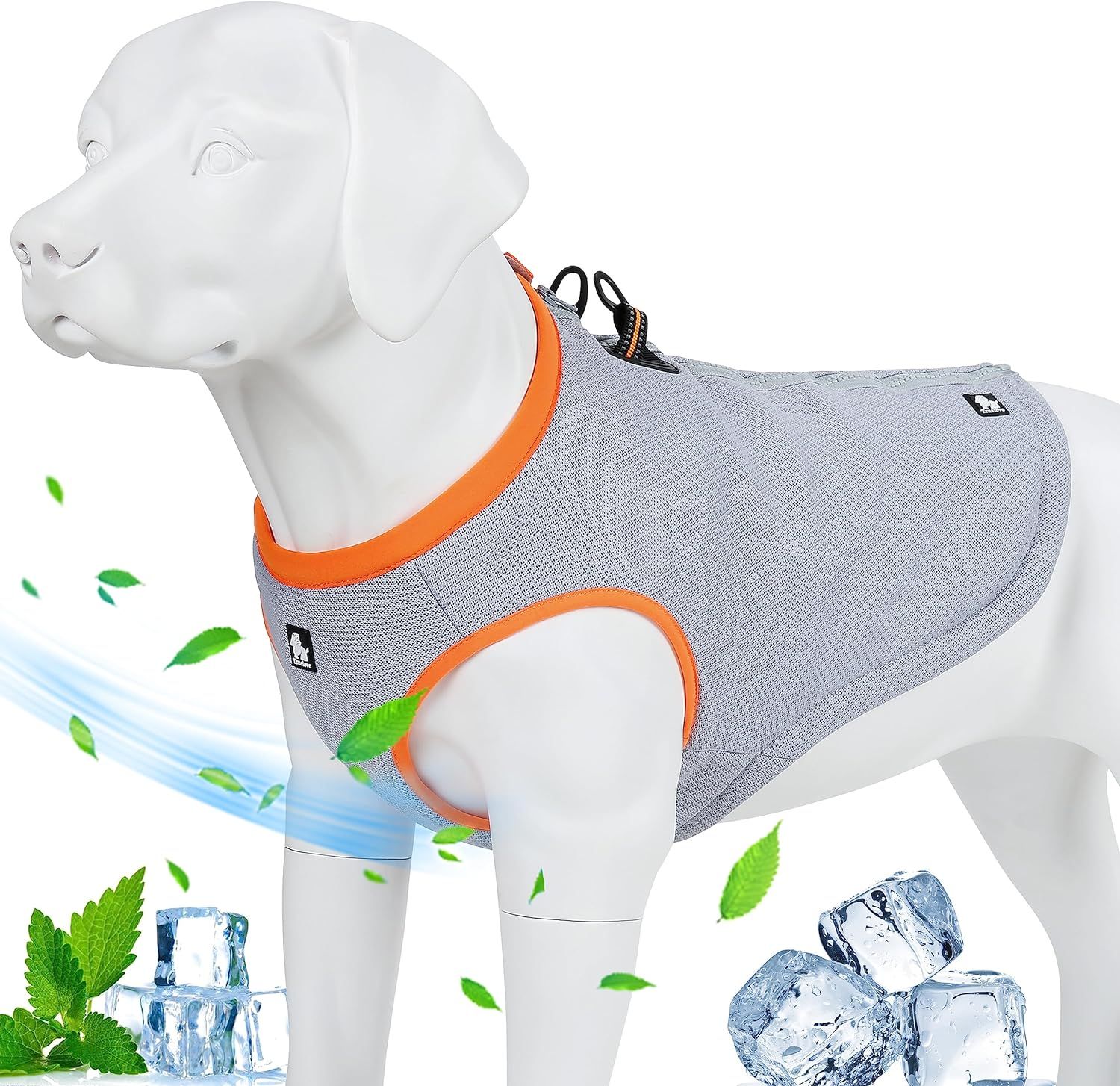 Shows the core product, a gray cooling vest with orange trim designed for dogs, displayed on a model to demonstrate fit and appearance. Uses added visual elements including ice cubes, mint leaves,…