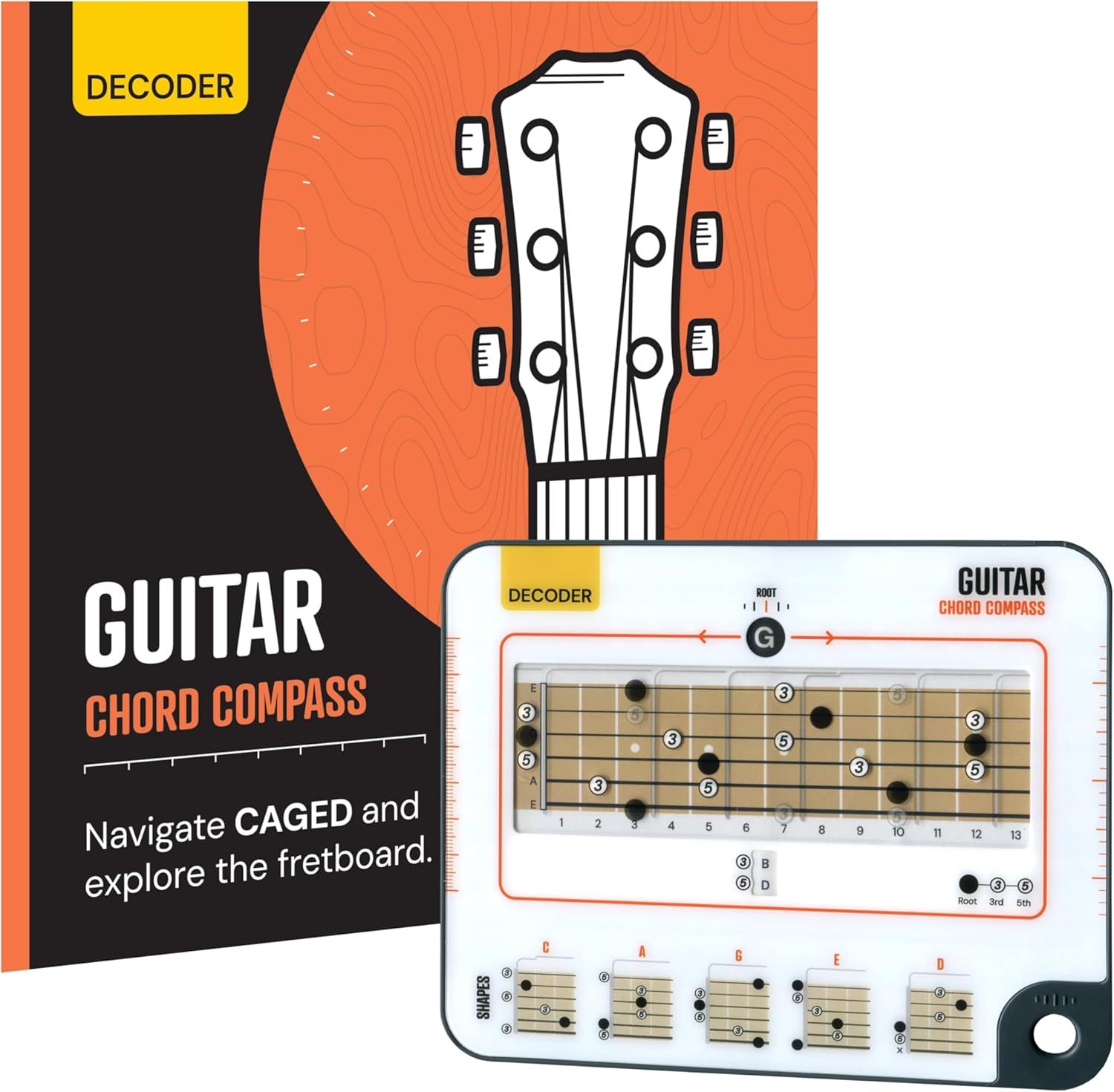 Shows the core product, a guitar chord learning tool with a decoder wheel and fretboard diagram, to help shoppers understand what they are purchasing. Displays the retail packaging with product…