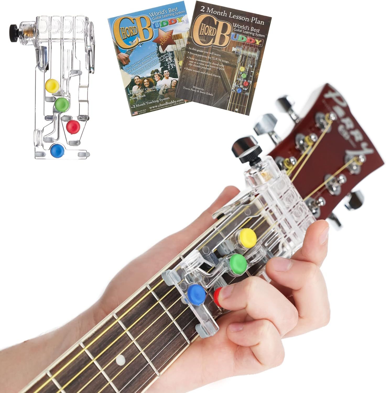Shows the core product—a guitar learning device with color-coded buttons—being used on a guitar, demonstrating what the buyer receives and how it attaches to the instrument. Displays the included…