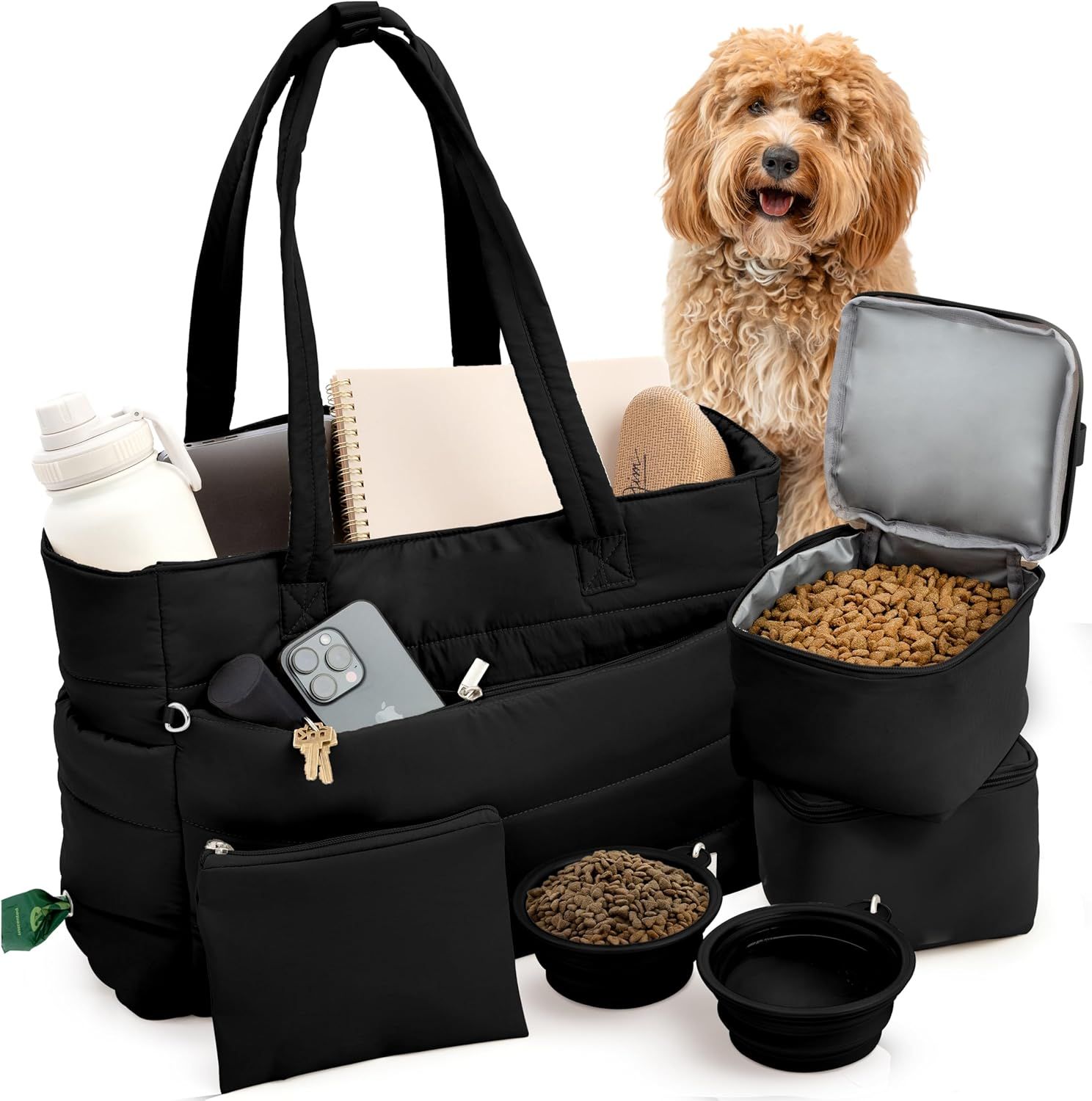 Displays the core product, a comprehensive pet travel bag set with all included components, to show shoppers exactly what they will receive in their purchase. Demonstrates the extensive array of…