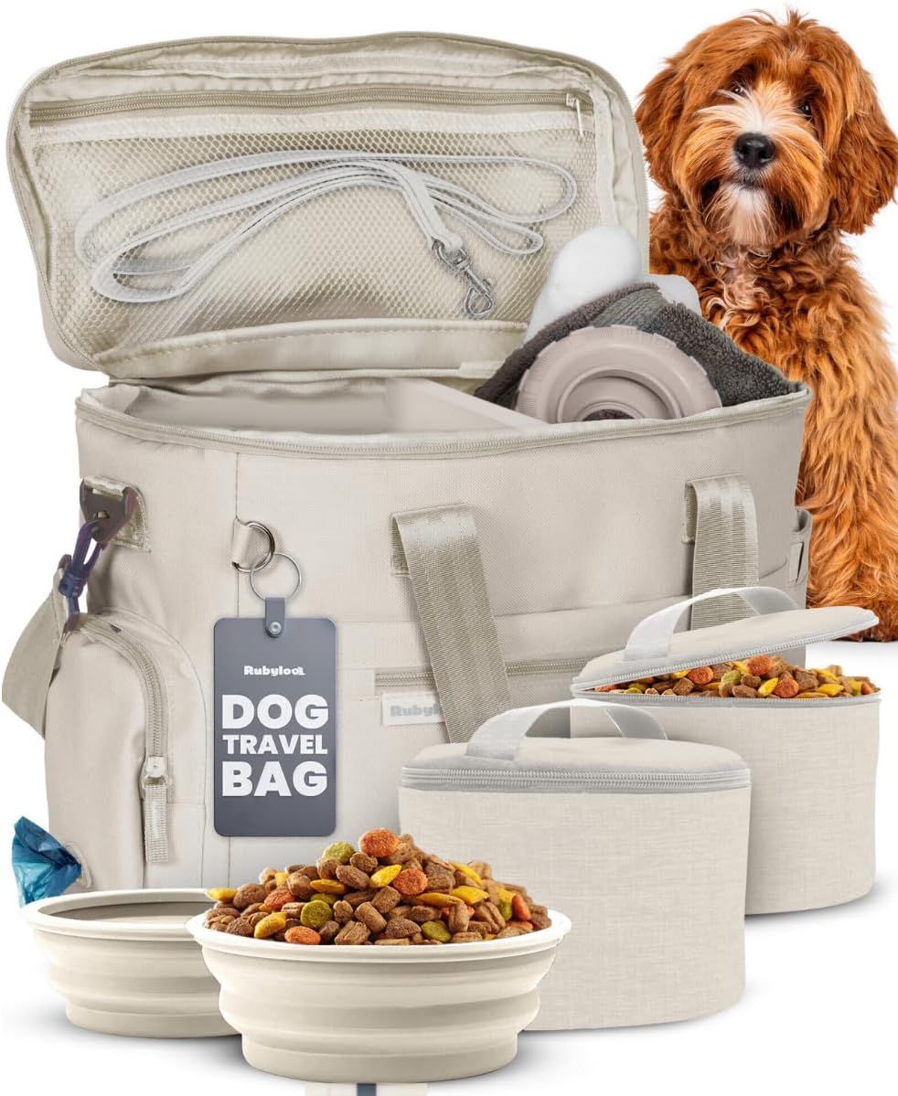 Shows the complete dog travel bag system with all included components to demonstrate the comprehensive solution for traveling with pets. Displays all the included accessories and components that…