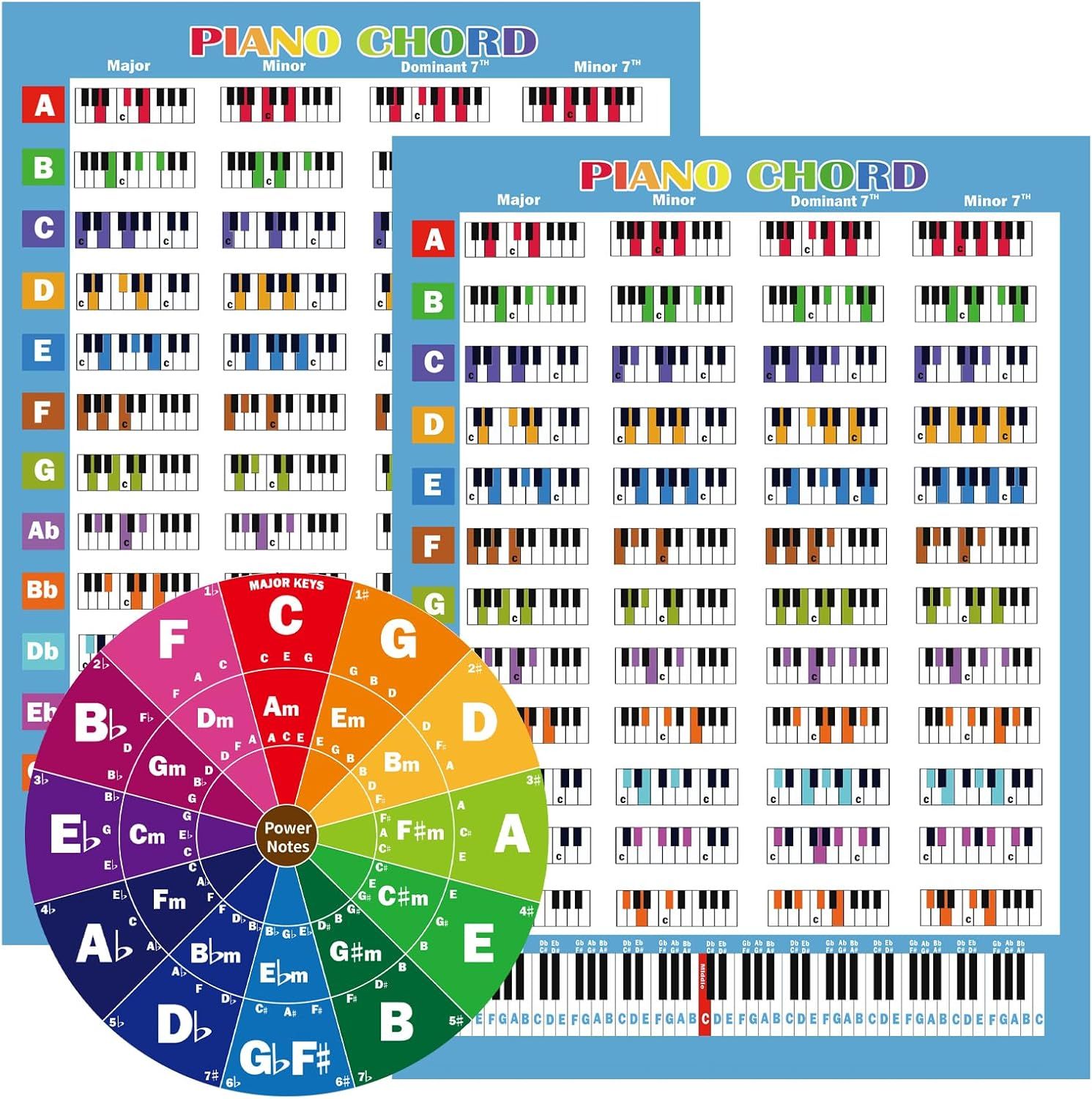 Shows the complete piano chord reference poster with comprehensive chord diagrams and music theory wheel to help shoppers understand the educational content and value of the product.