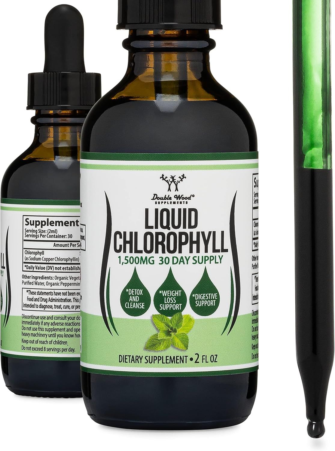 Displays the core sellable product—a liquid chlorophyll dietary supplement in amber dropper bottles—clearly showing the product label, dosage information, and key benefits to help shoppers…