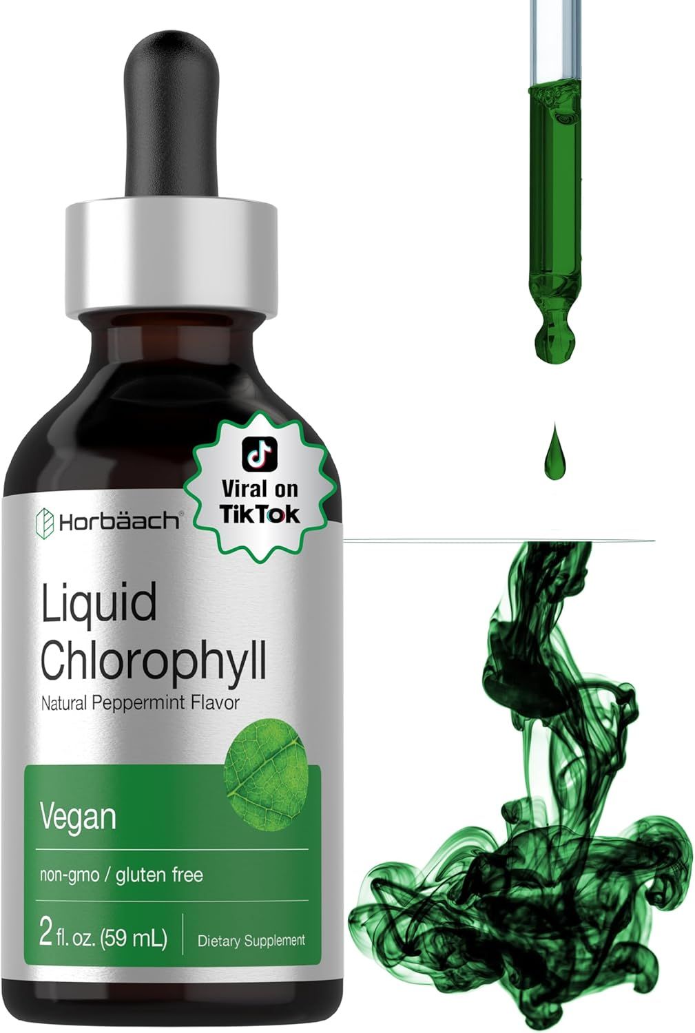 Shows the core product—a liquid chlorophyll supplement in a dropper bottle—clearly displaying the brand, product name, flavor, and key dietary attributes to help shoppers identify what they are…