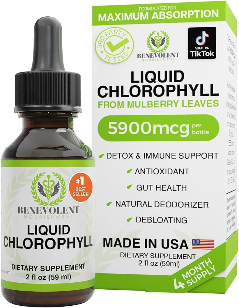 Displays the core sellable product—a liquid chlorophyll dietary supplement bottle with dropper—alongside its retail packaging to show shoppers exactly what they will receive. Shows the physical…