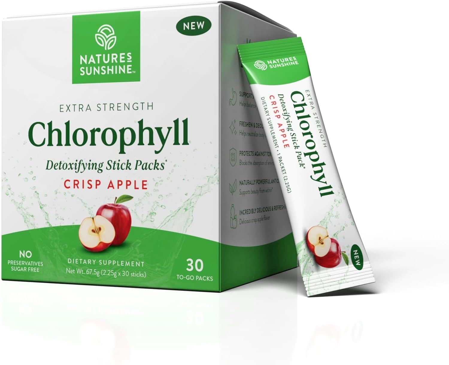 Shows the core product—a box of chlorophyll detoxifying stick packs—alongside an individual stick pack to communicate what the shopper will receive and how the product is packaged for convenience.…