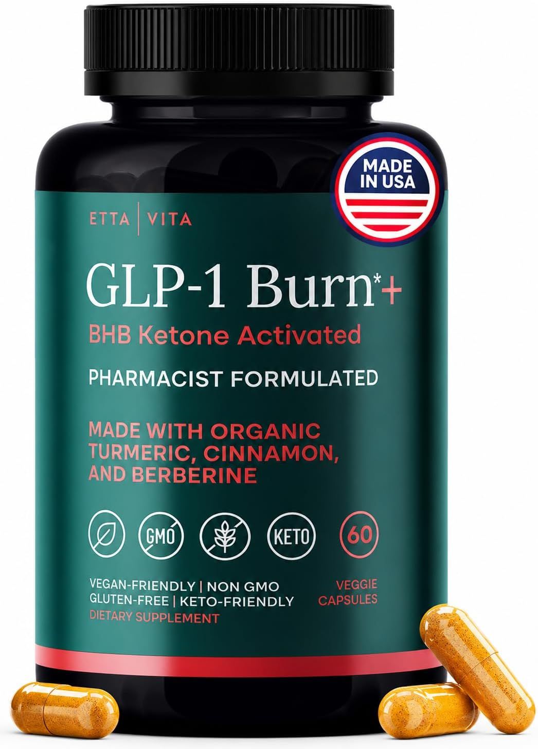 Displays the core product—a GLP-1 weight management supplement bottle with capsules—to clearly show what the shopper will receive. Uses a Made in USA badge and certification icons (vegan, non-GMO,…