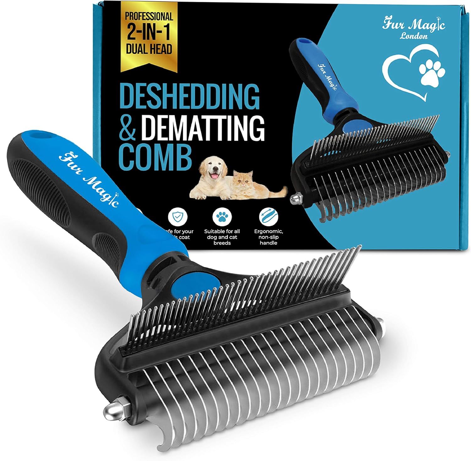 Shows the core pet grooming tool with its dual-head design to communicate the product's versatility for both deshedding and dematting pet fur. Displays the retail packaging alongside the product to…