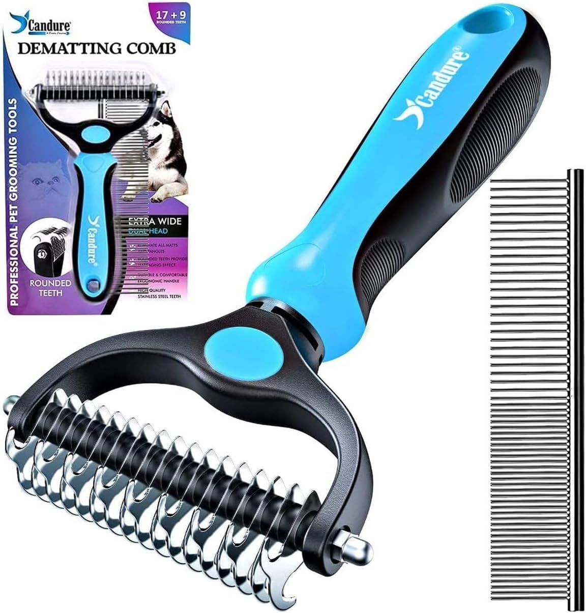 Shows the core pet grooming product with its two main components - a dematting rake and a fine-tooth comb - to communicate the complete grooming solution included in the purchase. Displays the…