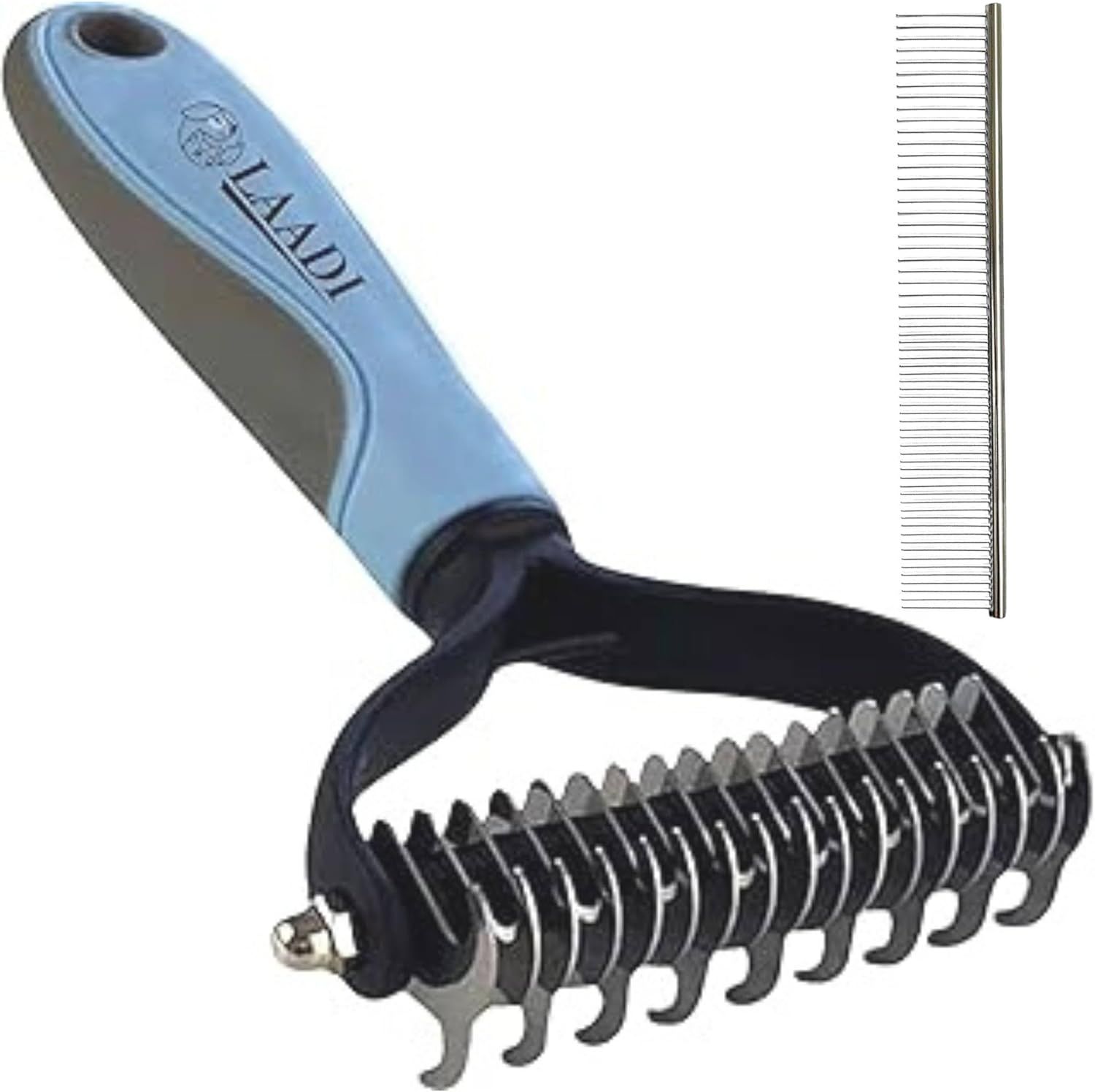 Shows the core product clearly with both the undercoat rake and fine-tooth comb visible, allowing shoppers to understand the complete grooming tool they will receive. Demonstrates that the product…
