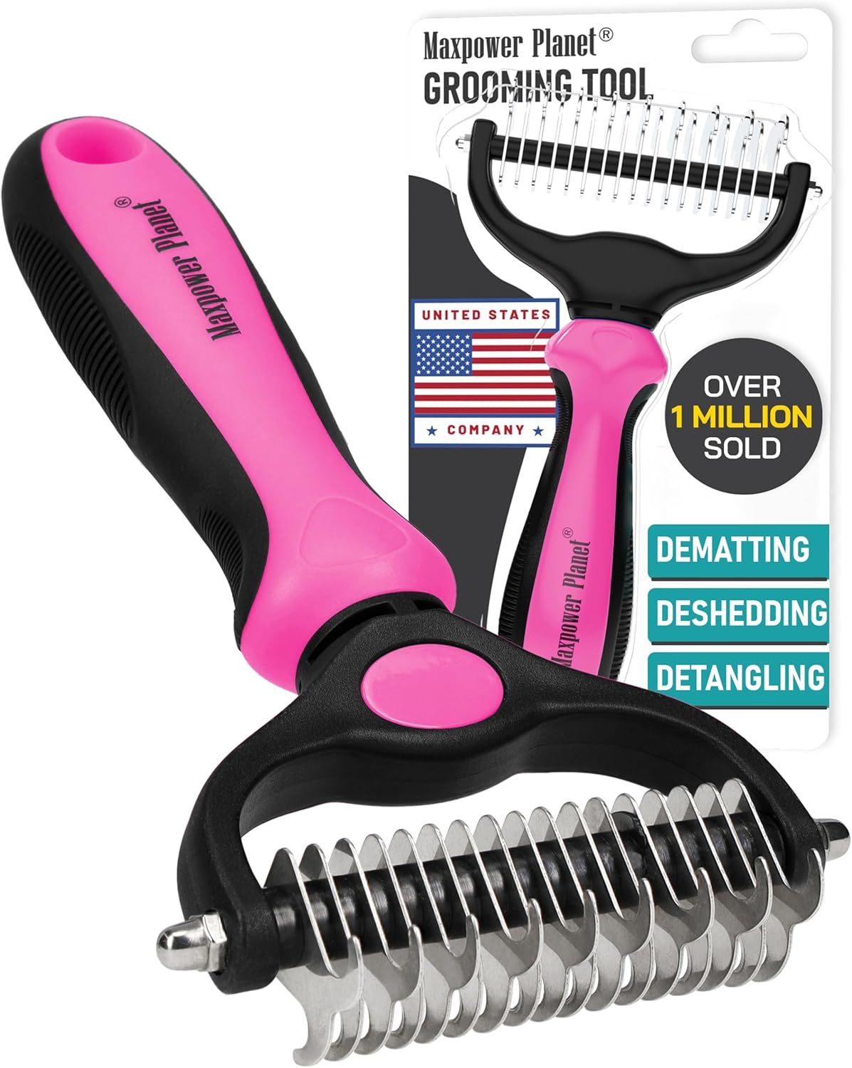 Displays the core sellable product - a set of pet grooming tools including dematting and deshedding combs with ergonomic pink and black handles, clearly showing what the buyer will receive. Shows…