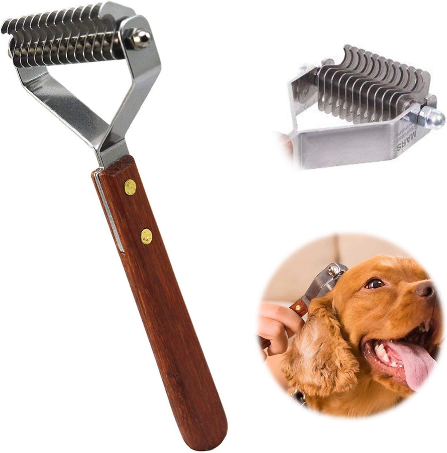 Shows the core product—a pet grooming comb with a wooden handle and metal blade—clearly displayed to help shoppers understand what they are purchasing. Demonstrates how the grooming tool is used on…