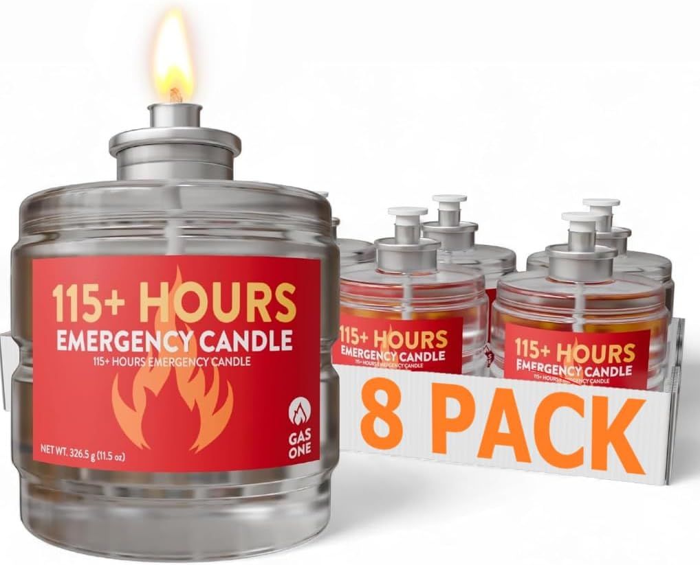 Shows the emergency candle product in an 8-pack format, emphasizing the 115+ hour burn time to reassure shoppers of reliable long-term emergency lighting. Demonstrates the candle actively burning…