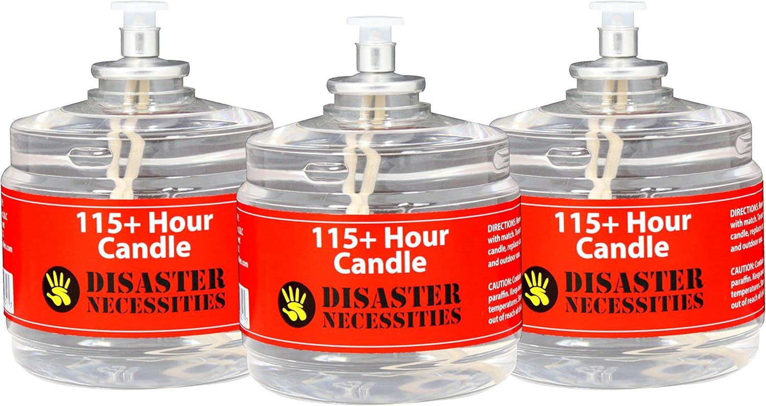 Shows the core product—three emergency candles with 115+ hour burn time—clearly displayed to communicate the product's long-lasting capability and multi-pack value for disaster preparedness.