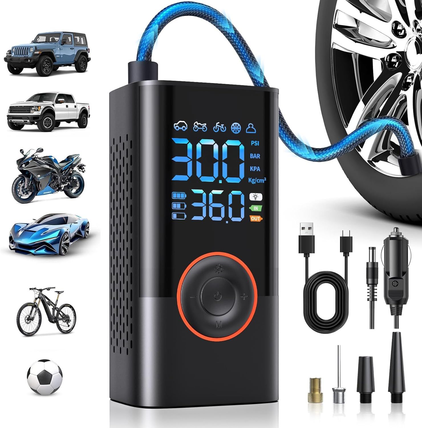 Shows the core tire inflator product with its digital pressure display and control interface, communicating its precision and ease of use to shoppers. Displays all included accessories such as…