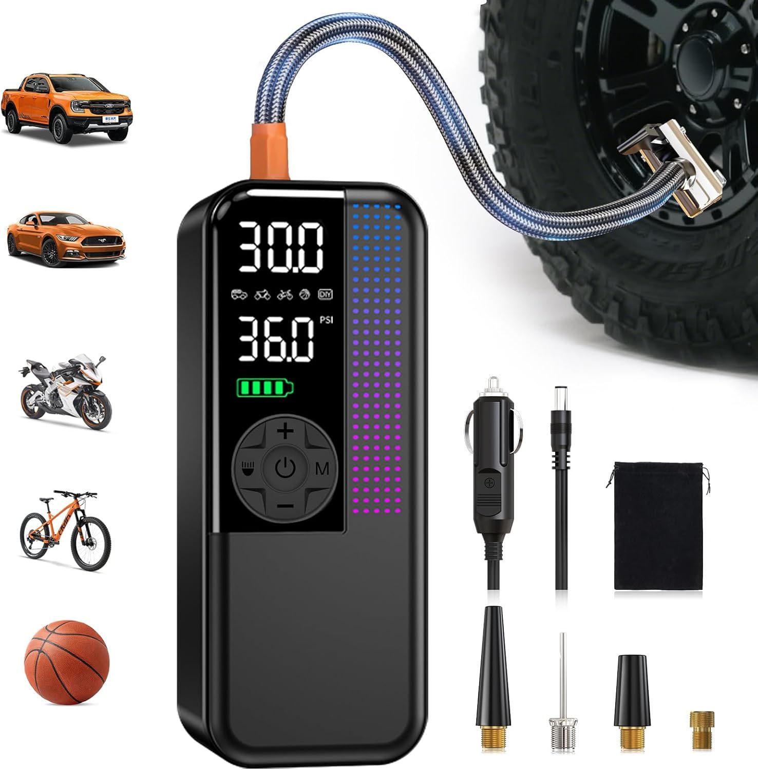 Shows the core portable tire inflator product with its digital display, control buttons, and included accessories to communicate what the buyer receives and its multi-vehicle application. Displays…