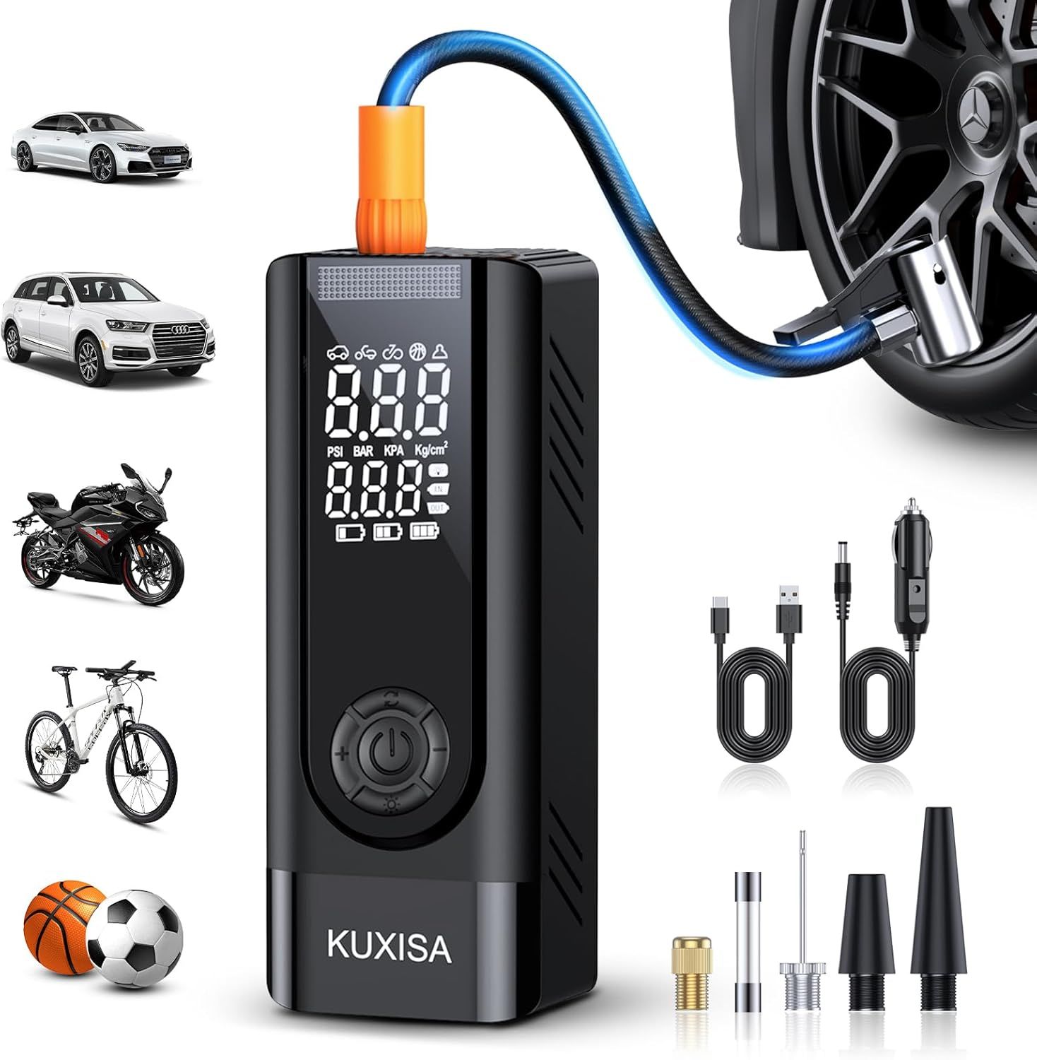 Shows the core portable tire inflator with digital pressure display and demonstrates its versatility across multiple vehicle types including cars, motorcycles, and bicycles. Displays all included…