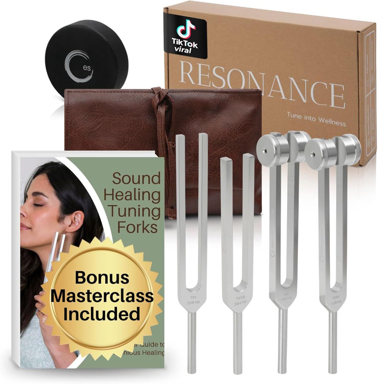 Displays the complete sound healing tuning fork set with all included components to show shoppers exactly what they will receive in their purchase. Demonstrates the comprehensive nature of the kit…