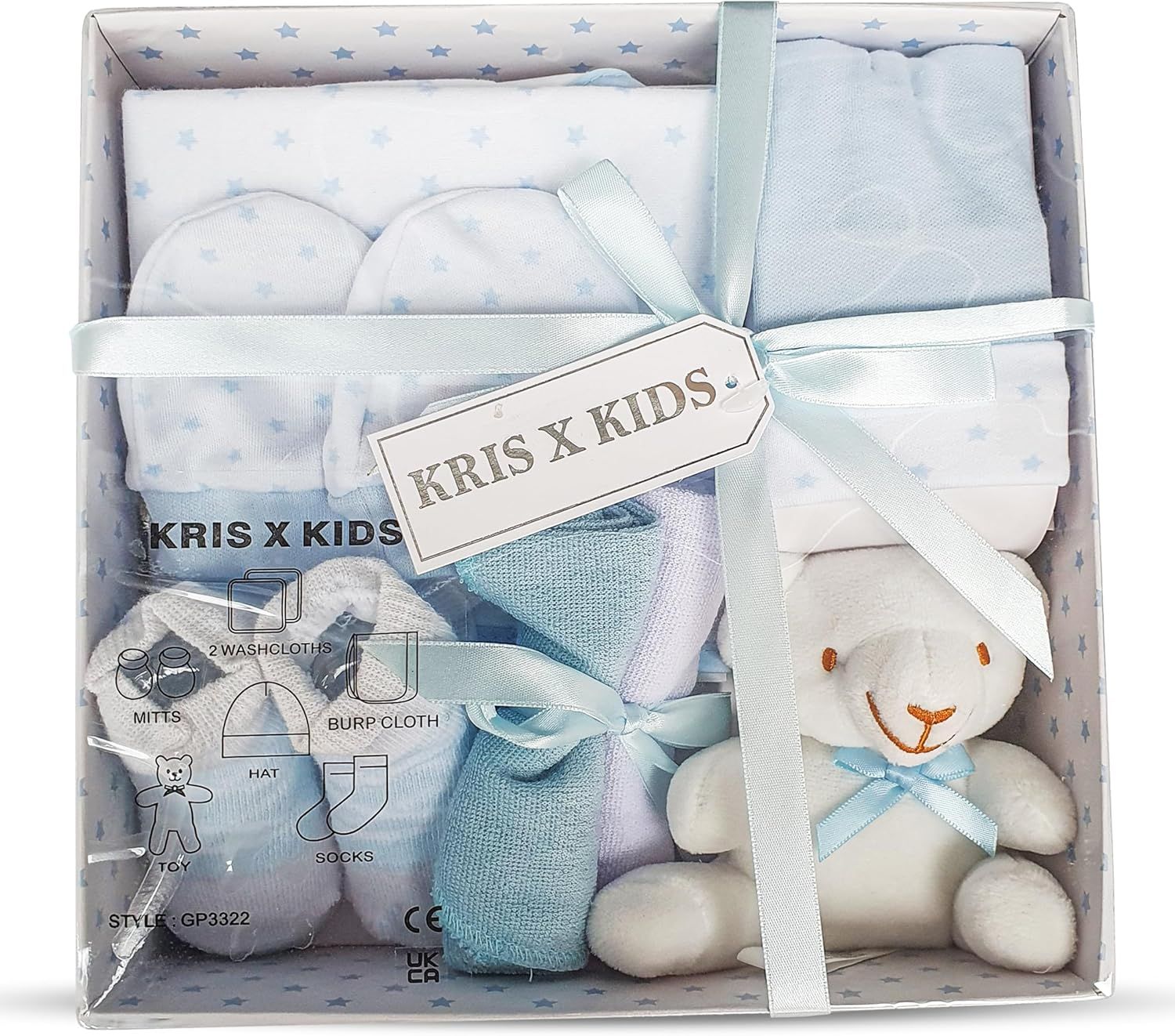 Shows the complete baby gift set with all included items neatly arranged in retail packaging to communicate the value and variety of the bundle. Displays the product in its gift-ready retail box…