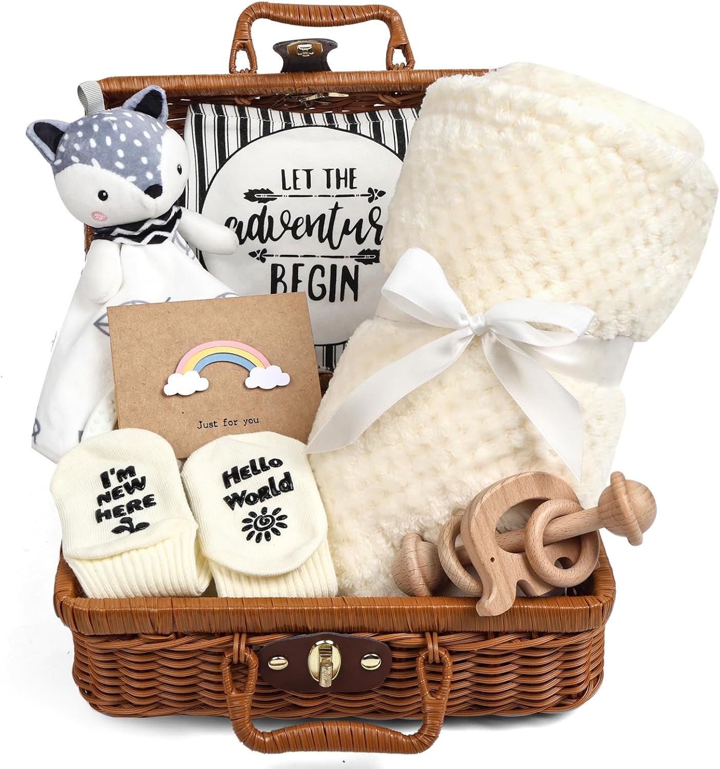 Shows the complete baby gift basket with all included items arranged to communicate the value and variety of the gift set. Displays all the individual components included in the gift basket such as…