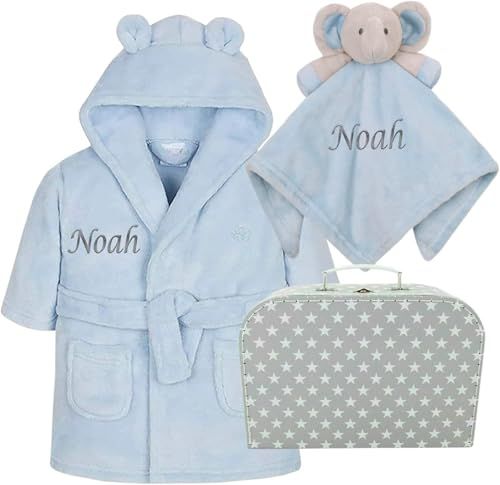 Displays the complete baby gift set including a personalized bathrobe, elephant comfort blanket, and carrying case to show shoppers exactly what items are included in the purchase. Shows that the…